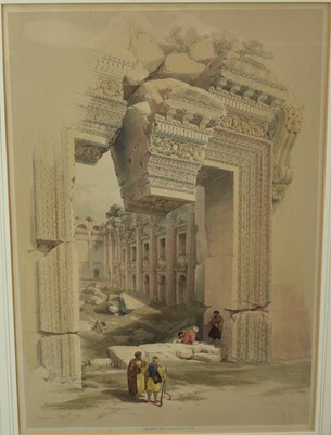 Lot 982 - After David Roberts (1796-1864) hand coloured lithograph - Baalbec, published by F. G. Moon 1844, 54cm x 38cm, in glazed gilt frame