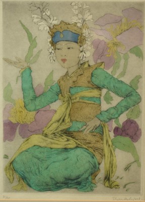 Lot 984 - Elyse Ashe Lord (1900-1971) signed limited edition coloured etching - Bali Dancer, 31/75, 36cm x 26cm, in original glazed frame  
Provenance: Mealands (Knightsbridge) Ltd.