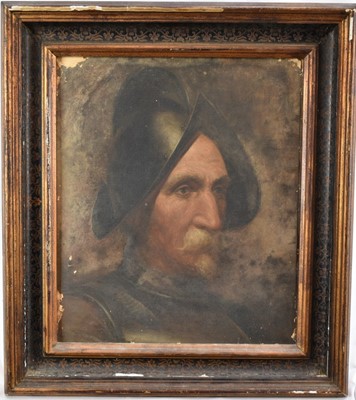 Lot 985 - Spanish School, late 19th/early 20th century, oil on paper - Portrait of a Conquistador, 40cm x 34cm, in painted frame
