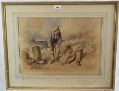Lot 988 - J. Hardy of Bath, 19th century watercolour - Two Boys Playing Marbles, signed and inscribed Bath, 33cm x 48cm, in glazed frame