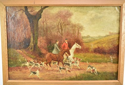 Lot 804 - English School, early 20th century, pair of oils on canvas - Hunting Scenes, 41cm x 61cm, framed