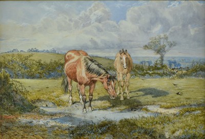 Lot 806 - Ben Herring (1830-1871) pair of watercolours - Mares and Foals in Landscapes, signed and dated 1867, 17cm x 25cm, in glazed gilt frames