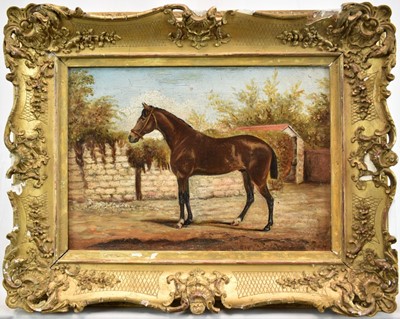 Lot 808 - English School, late 19th/early 20th century, oil on canvas - Portrait of a Bay Horse, monogrammed, 26cm x 36cm, in gilt frame