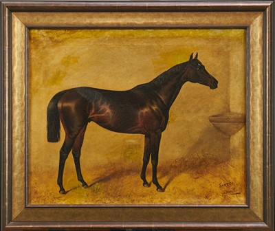 Lot 815 - Alfred Wheeler (1852-1932) oil on canvas - A Bay Horse, 'Santoi', signed and inscribed, 43cm x 53cm, in gilt frame