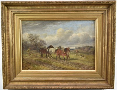 Lot 816 - English School, 19th century, oil on canvas - Plough Horses watching Hounds, 31cm x 46cm, in gilt frame