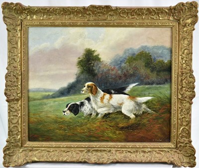 Lot 817 - E. Dodd, English School, oil on canvas - A Pair of Setters, signed, 44cm x 54cm, in gilt frame