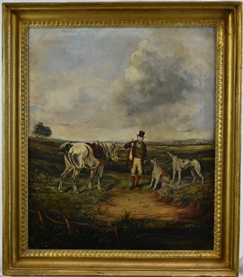Lot 819 - English School, 19th century, oil on panel - A Coursing Scene, 49cm x 41cm, in gilt frame