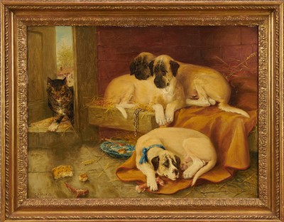 Lot 820 - Edwin Frederick Holt (1830-1912) oil on canvas - 'A Morning Call', signed and dated 1885, inscribed, 46cm x 61cm, in gilt frame