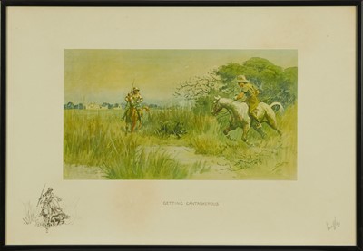 Lot 1276 - *Snaffles, Charles Johnson Payne (1884-1967) signed hand coloured print - "Getting Cantankerous", signed in pencil, 44cm x 65cm, in glazed frame 
Provenance: Malcolm Innes Gallery