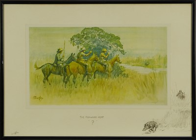 Lot 1277 - *Snaffles, Charles Johnson Payne (1884-1967) signed hand coloured print - The Forward Heat "?", signed in pencil, 42cm x 60cm, in glazed frame 
Provenance: Malcolm Innes Gallery