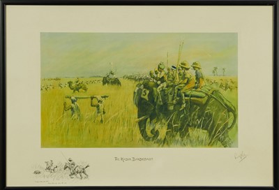 Lot 844 - Snaffles, Charles Johnson Payne (1884-1967) signed hand coloured print - The Kadir Bandobast, signed in pencil, with snaffle blindstamp, 46.5cm x 68.5cm, in glazed frame 
Provenance: Malcolm Innes...