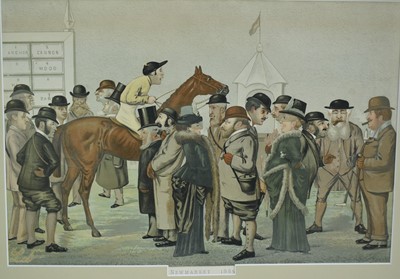Lot 811 - Victorian Vanity Fair lithograph, Newmarket 1885, to include characters such as the Prince of Wales and "The Mate", 33cm x 48cm, mounted