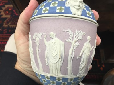 Lot 92 - Rare garniture of three 19th century Wedgwood jasper ware vases