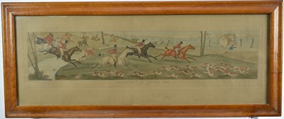 Lot 827 - Set of four 19th century hand coloured engravings after Henry Alken, Leistershire Covers, in maple veneered frames, together with a pair of reverse printed hunting engravings (6)