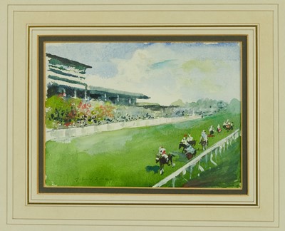 Lot 814 - John Victor Emms (1912-?) watercolour - The Final Furlong, signed, 13cm x 17.5cm, in glazed gilt frame