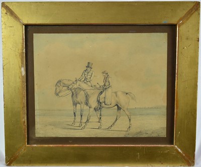 Lot 834 - Attributed to Henry Alken (1785-1851) pencil and wash - Trainer and Jockey, 24cm x 30cm, together with another accompanying work in pencil, in glazed frames