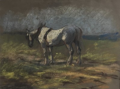 Lot 220 - East Anglian school coloured chalks, horse in field, 26.5cm x 35.5cm, in mount