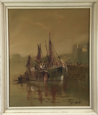 Lot 202 - Terry Burke (1927-2018) oil on canvas fishing boats, 60cm x 50cm, framed
