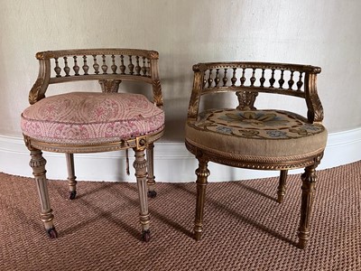 Lot 1166 - Pair of gilt framed overstuffed back stools, each with spindle gallery back, one with castors