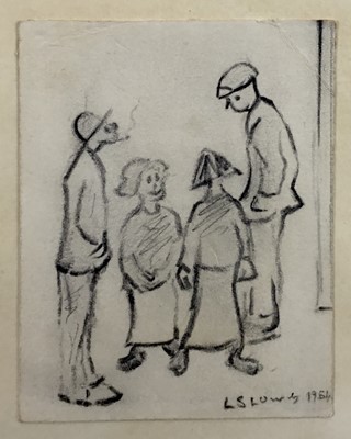 Lot 78 - Manner of L S Lowry, pencil sketch, figures, 11cm x 9cm, framed