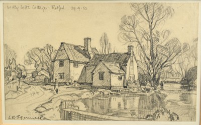 Lot 998 - *Leonard Squirrell (1893-1979) pencil sketch - 'Willy Lott's Cottage, Flatford', signed and dated 29.4.52, signed and inscribed in pencil, 13.5cm x 22cm, in glazed frame