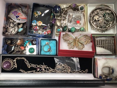 Lot 40 - Group of silver and white metal jewellery to include silver gem set rings, silver and moonstone bracelet, earrings and rings, silver charm bracelet, white metal charm necklace, silver bangles e...