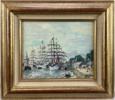 Lot 188 - Bernard Loriot (1925 - 1998), oil on canvas 
A busy scene in Rouen Harbour, signed, also 
inscribed verso, in gilt frame. 21 x 25cm