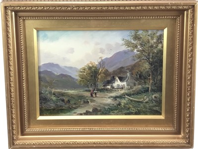 Lot 120 - Late Victorian School, oil on canvas, A hilly country scene with figures by a stream near a 
farmhouse, in original gilt frame. 
24 x 34cm