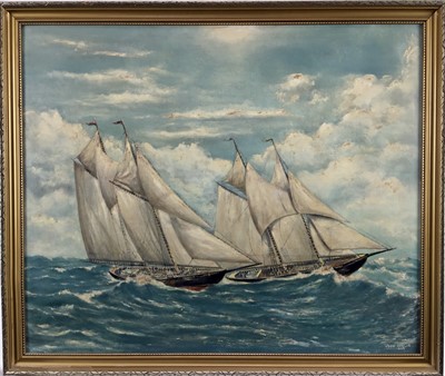 Lot 104 - John Leslie, oil on board, Blue nosed Schooners racing, signed 
and dated 1968, also inscribed verso. 49 x 59cm