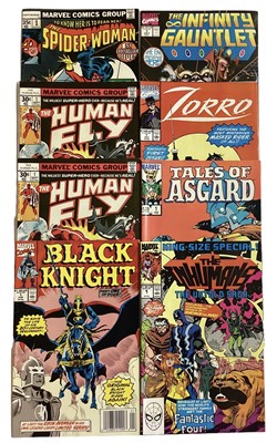 Lot 58 - Marvel Comics the Spider-Woman #1 (1978). First issues of solo series, together with The Human Fly #1 (1977). Also includes Black Knight #1 (1990), The Infinity Guantlet #1 (1990), Zorro #1 (1990),...