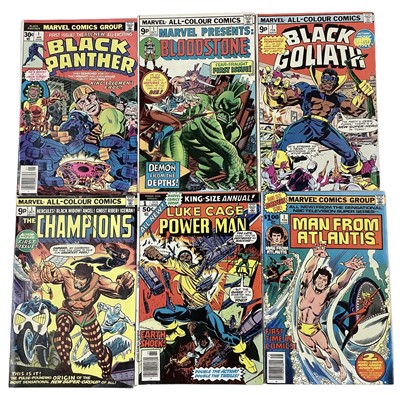 Lot 73 - Marvel Comics Black Panther #1 (1977). First solo series, Jack Kirby story. Together with Marvel presents Bloodstone #1 (1975), Black Goliath #1 (1976), the Champions #1 (1975), Luke Cage Power Man...
