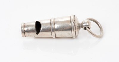 Lot 290 - George IV silver whistle in the form of a cannon barrel, with suspension loop (London 1826) no maker's mark. 7cm overall length.