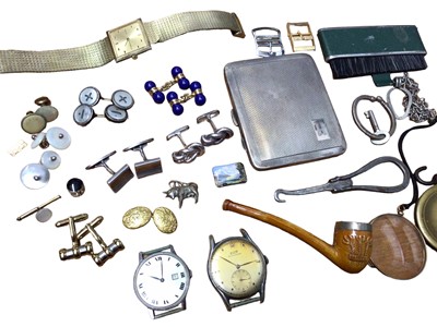 Lot 25 - Pair of Danish silver cufflinks, pair of silver knot cufflinks, various others, small enamel plaque depicting a mountain landscape, three vintage watches, 1930s silver cigarette case and other bijo...