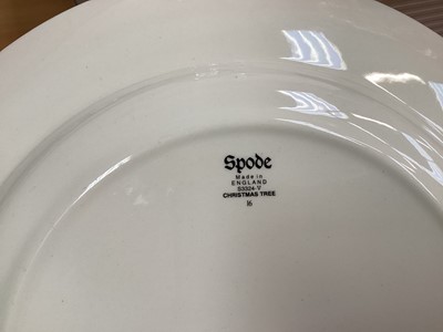 Lot 1232 - Spode Christmas Tree pattern service, including 10 tea plates, 10 dinner plates, 6 side plates, 6 large bowls, 10 small bowls, gravy boat and stand, 4 mugs, star-shaped dish, meat platter, gateau p...