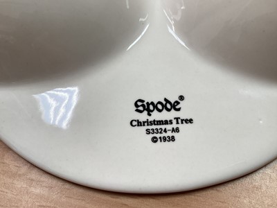 Lot 1232 - Spode Christmas Tree pattern service, including 10 tea plates, 10 dinner plates, 6 side plates, 6 large bowls, 10 small bowls, gravy boat and stand, 4 mugs, star-shaped dish, meat platter, gateau p...