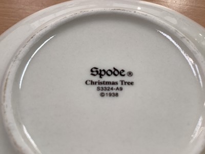 Lot 1232 - Spode Christmas Tree pattern service, including 10 tea plates, 10 dinner plates, 6 side plates, 6 large bowls, 10 small bowls, gravy boat and stand, 4 mugs, star-shaped dish, meat platter, gateau p...