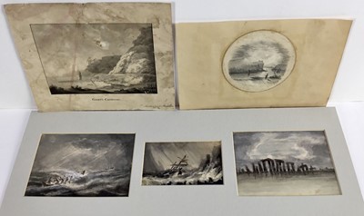 Lot 64 - Late 18th / early 19th century ink and wash monochrome watercolour, 'Giant's Causeway', 17cm x 21cm, a mounted trio of watercolours, one appears to depict Stonehenge, together with another circular...