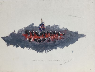 Lot 60 - Pair of 1970s English School oil sketches on paper - Scots Guards and The French Imperial Guards, indistinctly signed, titled and dated 1972, unframed, 17.5cm x 22.5cm