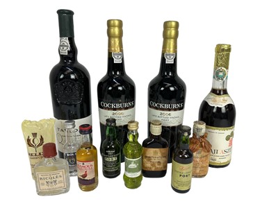 Lot 278 - Mixed group, to include Cockburns 2006 (2), Taylors 1999, Tokaji Aszu 4 Puttonyos, together with nine miniatures to include John Haig, Dewar White Label and others (13)
