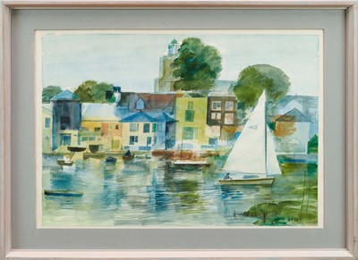 Lot 847 - Henry Collins (1910-1994) watercolour - Wivenhoe from Fingringhoe Ferry, signed and dated '84, 43cm x 62cm, in glazed frame