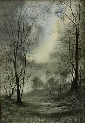 Lot 72 - Kenneth Stanley Tadd, Contemporary British. Watercolour study, woodland path at dusk. Titled vero “By the low brook”. Signed lower right. Framed. 47x33cm