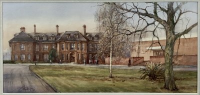 Lot 77 - 20th century British school. Watercolour of an institution, signed lower left. Framed. 26x56.5cm