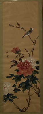 Lot 69 - Chinese watercolour / ink scroll painting. Bird in flowering tree. Signed with character marks and seal mark. Framed. 90x30cm