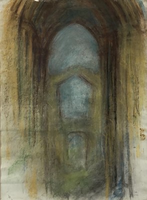 Lot 66 - Manner of John Piper, Contemporary School. Large pastel study, Cathedral or Abbey ruins. Signed with initials and dated lower right “SR”. Framed. 74x54cm