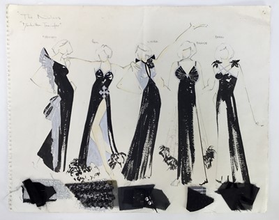 Lot 95 - Nicholas Rocker, British 20th century. Original pencil drawing costume design on thick watercolour paper. Costume designs for The Nolans, sisters Maureen, Ann, Linda, Denise and Berni, “Manhattan T...