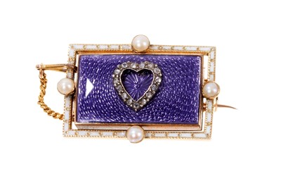 Lot 440 - Edwardian gold enamel, diamond and pearl brooch with a central diamond set applied heart on a purple guilloche enamel ground, a white enamel border set with four half pearls