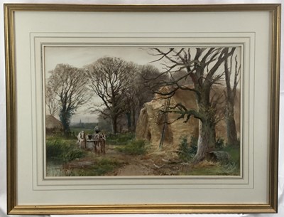Lot 174 - Good East Anglian watercolour depicting harvest scene (signed, possible 'Fox') 37cm x 54cm in glazed frame