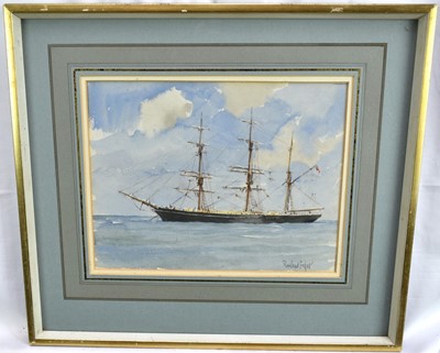 Lot 1406 - *Rowland Fisher (1895-1965) watercolour - 'At Anchor', signed, 21cm x 28cm, in glazed gilt frame