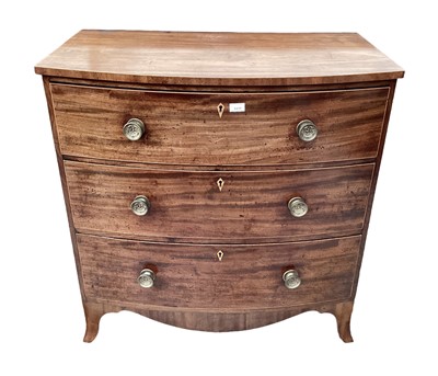 Lot 1177 - George III mahogany bow front chest of three long drawers, with brass handles, on bracket feet, 94cm wide x 55cm deep x 97cm high