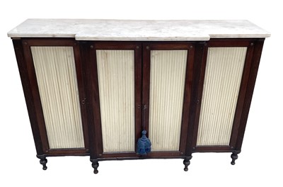 Lot 1146 - 19th century mahogany breakfront sideboard, the shaped white marble top above four silk lined doors enclosing shelves, on turned legs, 136cm wide x 40cm deep x 91.5cm high